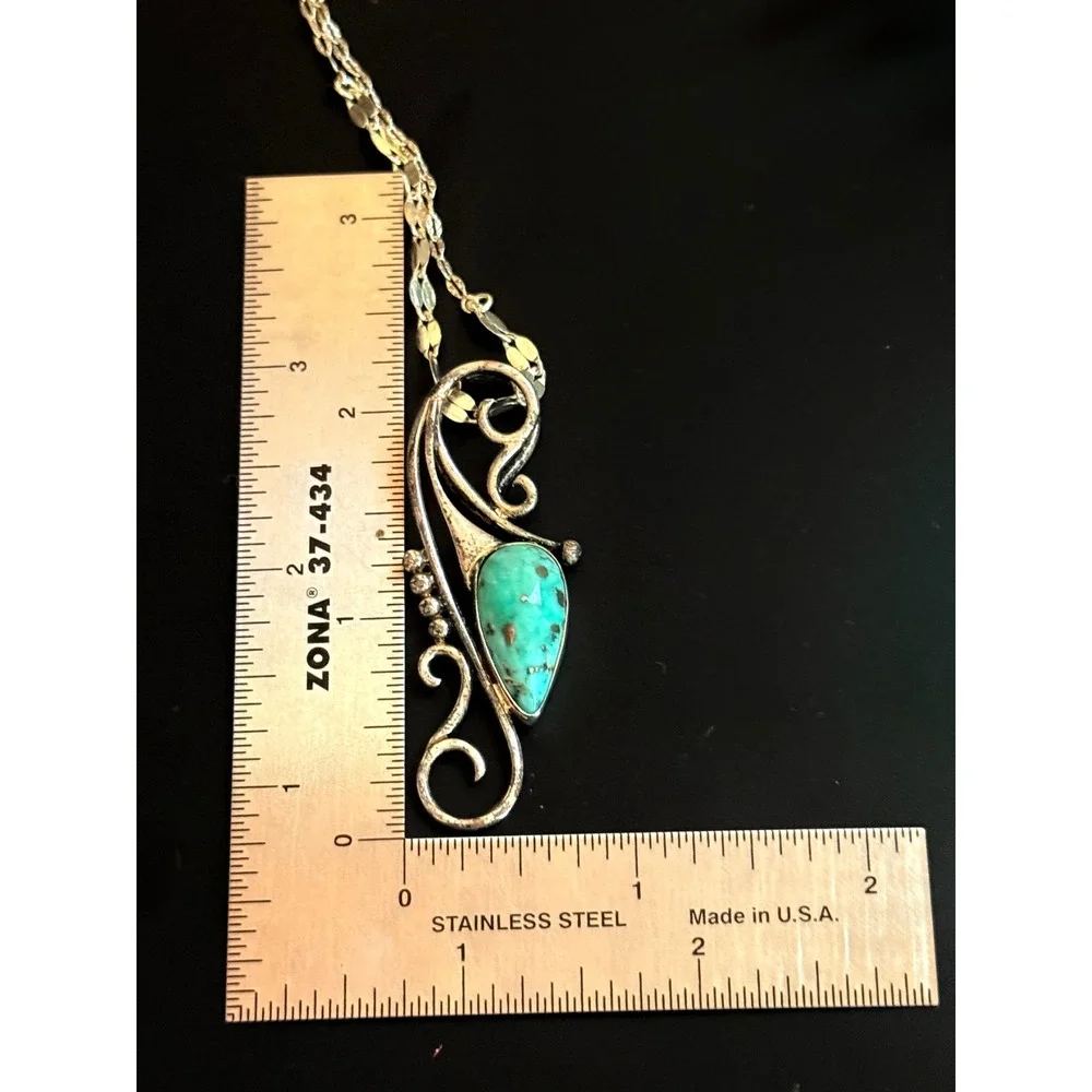 Sterling Silver 925 Turquoise Scroll‎ Pendant Necklace 30 Inch Chain 12.6g